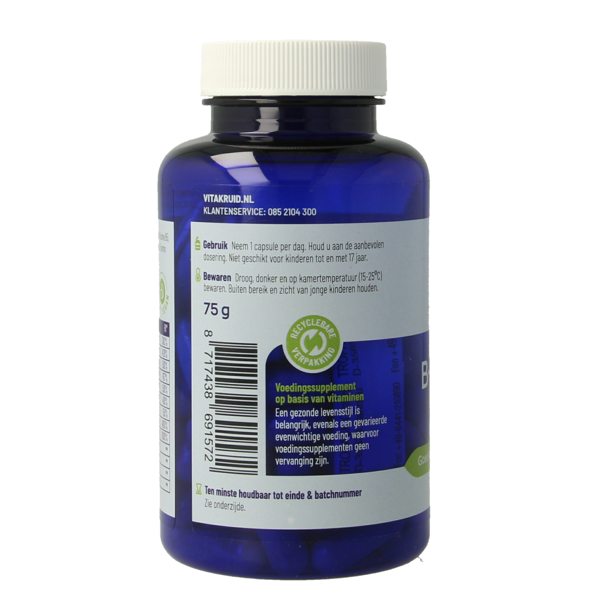 Vegetarian capsules of Vitakruid B-Complex Actief with L-Taurine, supplement featuring multiple B vitamins for energy support.