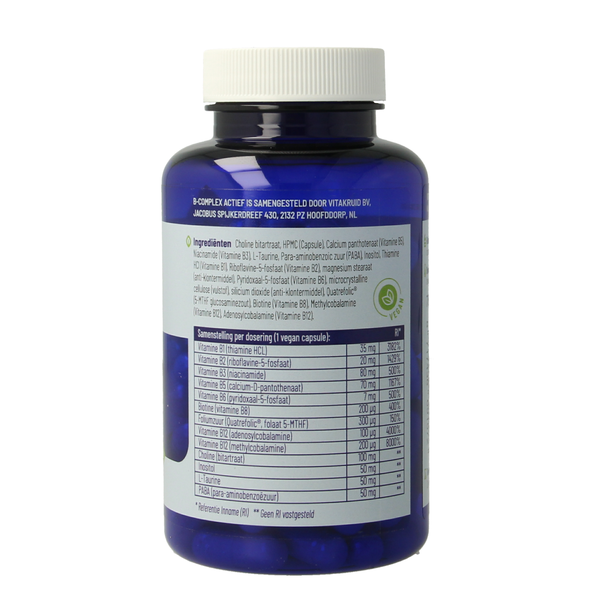 Vegetarian Vitakruid B-Complex Actief capsules with L-Taurine, dietary supplement for energy and overall health, 90 capsules.