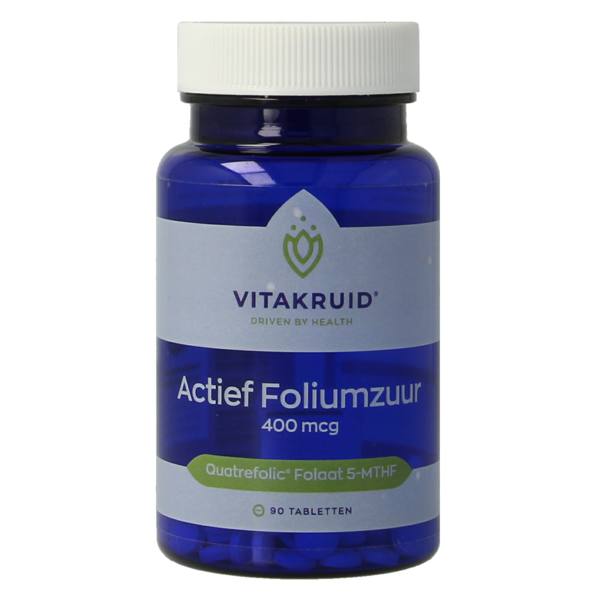 Vitakruid Actief Foliumzuur Quatrefolic 5-MTHF 400 mcg vitamin tablets in a blister pack with 90 tablets.