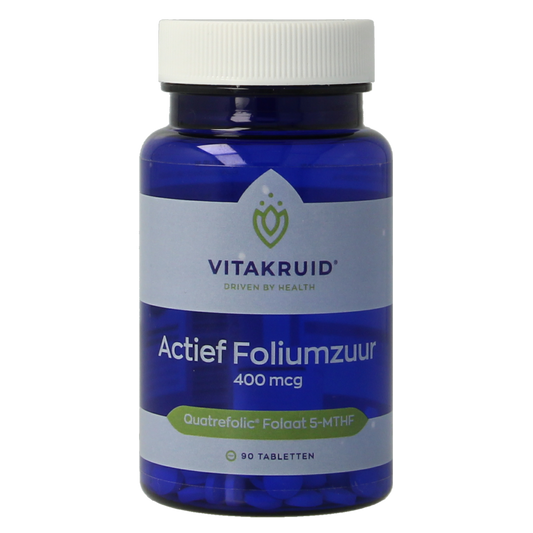 Vitakruid Actief Foliumzuur Quatrefolic 5-MTHF 400 mcg vitamin tablets in a blister pack with 90 tablets.
