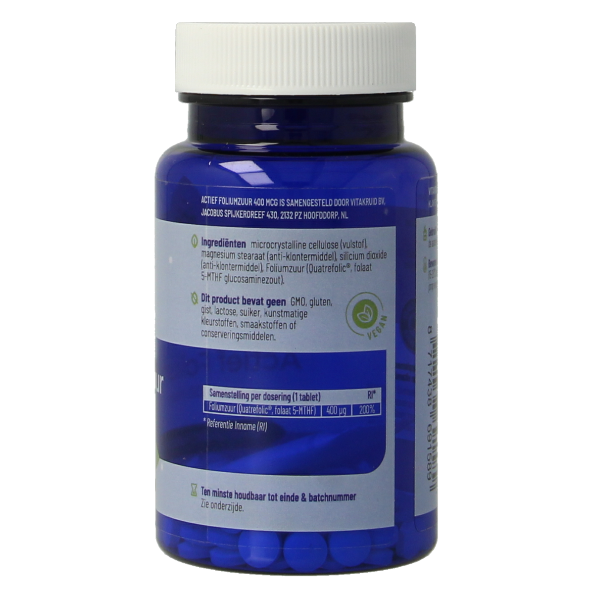 Vitakruid Actief Foliumzuur Quatrefolic 5-MTHF 400 mcg supplement in a bottle of 90 tablets, close-up of the product packaging.