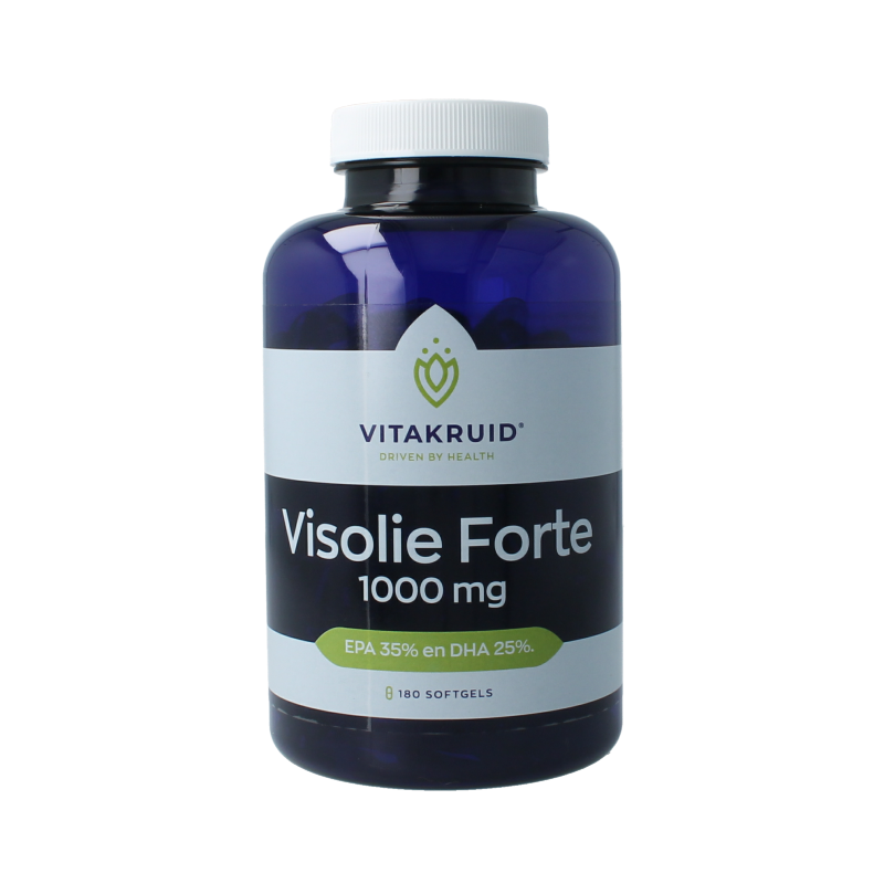 VitaKruid Visolie Forte 1000 TG softgels, dietary omega-3 fatty acid supplement, shown in a bottle with softgel capsules.