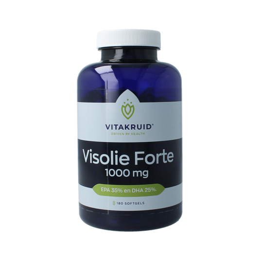 VitaKruid Visolie Forte 1000 TG softgels, dietary omega-3 fatty acid supplement, shown in a bottle with softgel capsules.