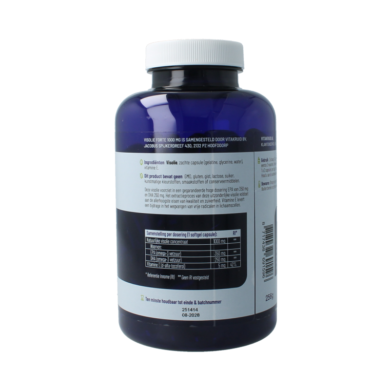 Vitakruid Visolie Forte 1000 TG softgels containing omega-3 fatty acids, shown in a close-up image.