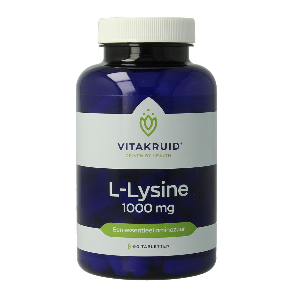 Vitakruid L-Lysine 1000mg with vitamin C herbal supplement tablets, showing a bottle of 90 tablets on the label.