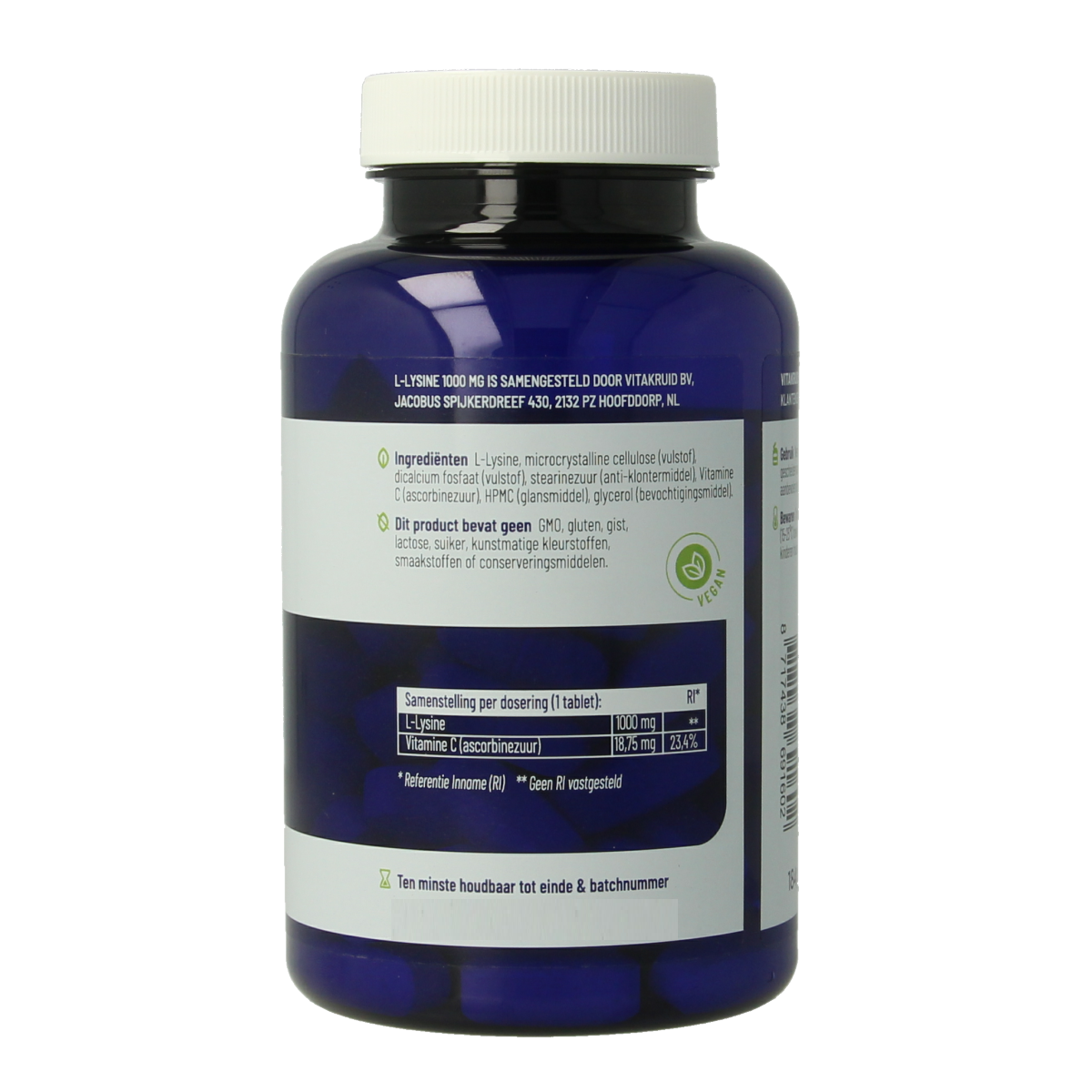 Bottle of Vitakruid L-Lysine 1000mg tablets with vitamin C, herbal supplement in a white container with a label.