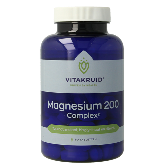 Vitakruid Magnesium 200 Complex tablets, herbal supplement with taurate, malate, and bisglycinate, in a bottle of 90 tablets.