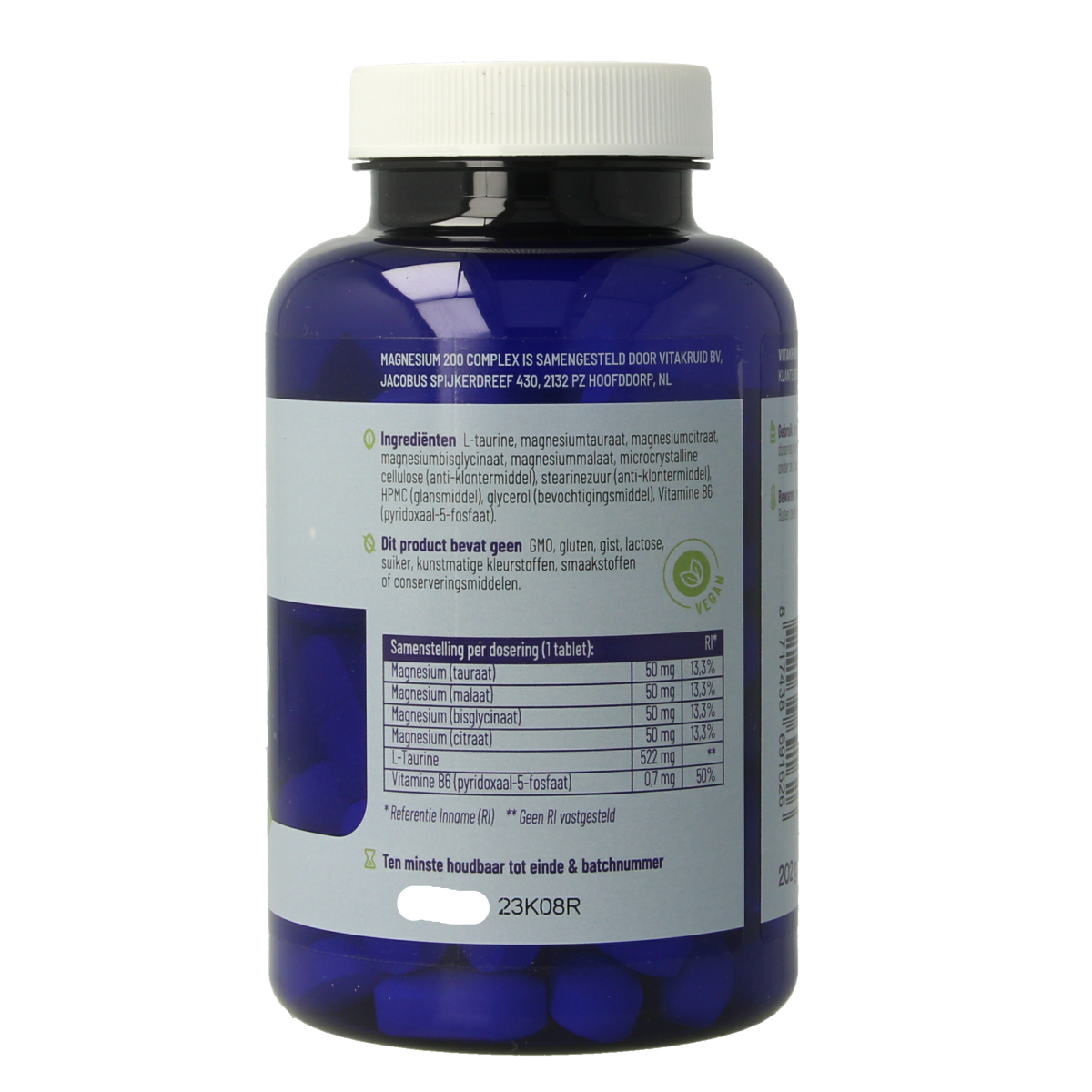 Vitakruid Magnesium 200 Complex tablets featuring magnesium taurate, malate, and bisglycinate for dietary support.