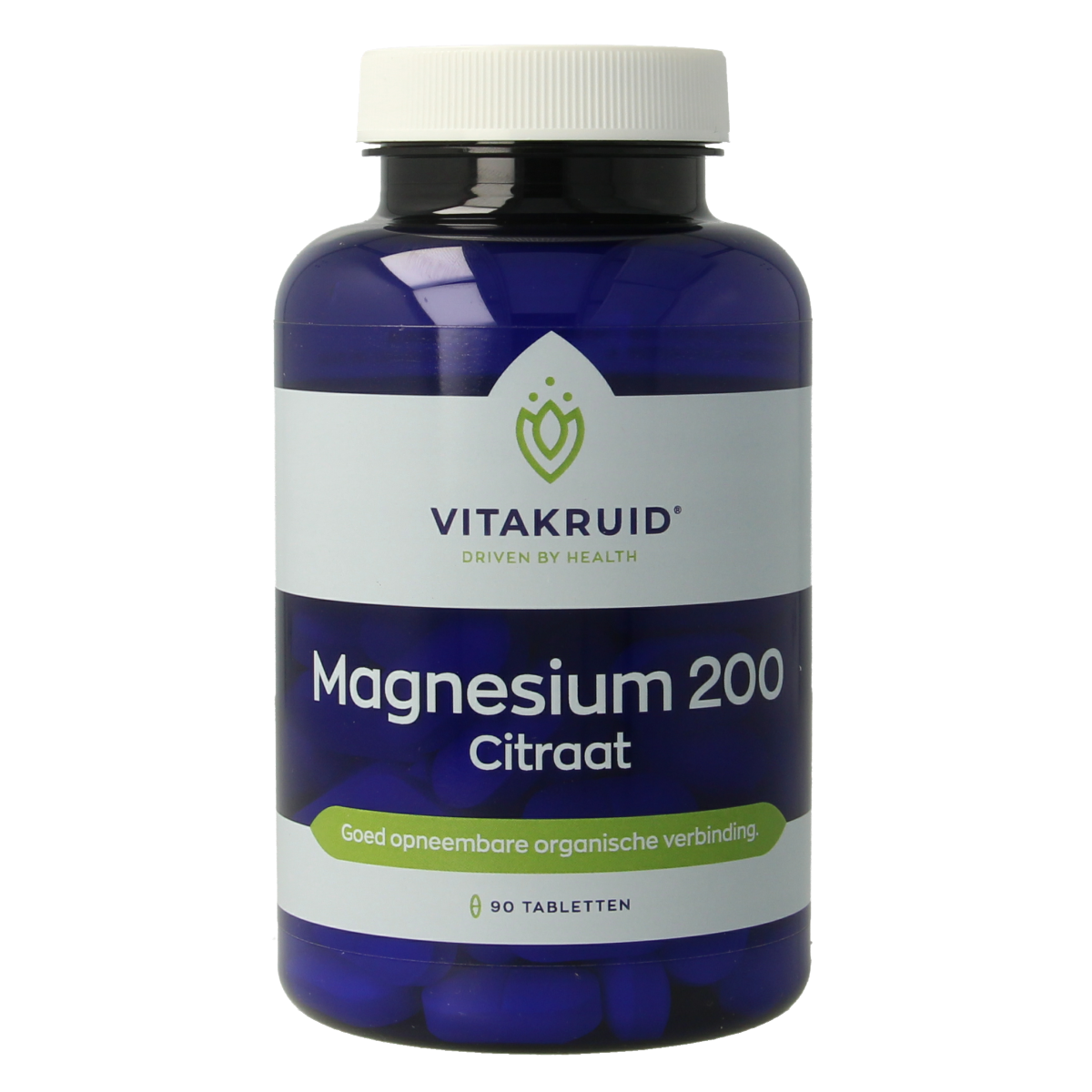 Bottle of Vitakruid Magnesium 200 citraat mineral tablets, dietary supplement in a white container.