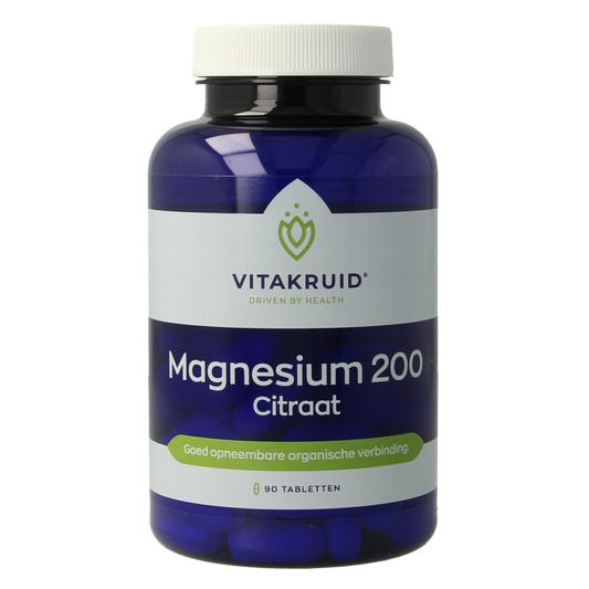 Bottle of Vitakruid Magnesium 200 citraat mineral tablets, dietary supplement in a white container.