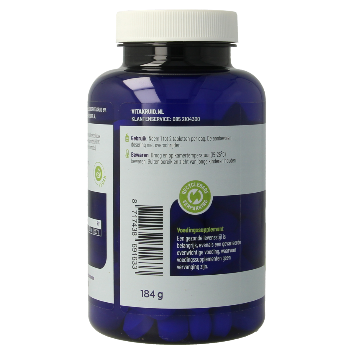 Vitakruid Magnesium 200 citraat mineral supplement in a bottle of 90 tablets, showing the label and tablets inside the bottle.