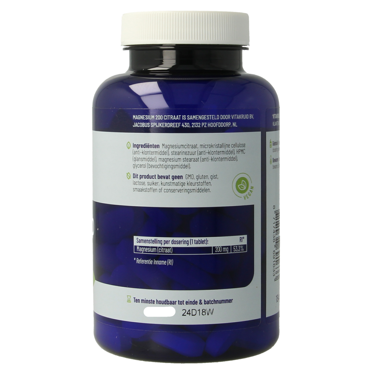 Bottle of Vitakruid Magnesium 200 citraat mineral tablets, featuring 90 tablets in a clear container.