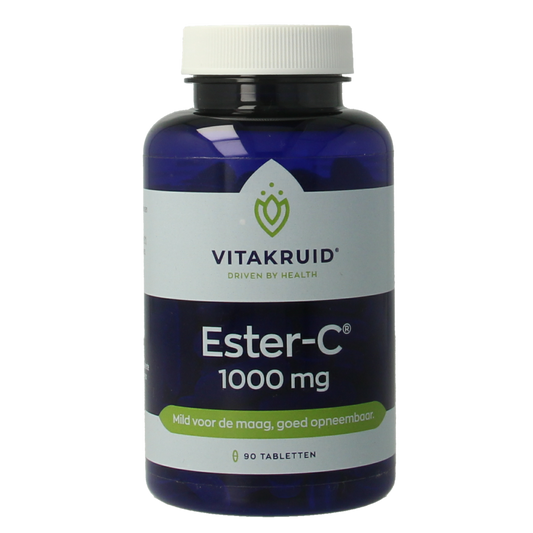 Vitamin C 1000mg with flavonoids and rosehip tablets by Vitakruid, showing a bottle of 90 tablets with label and capsules inside.