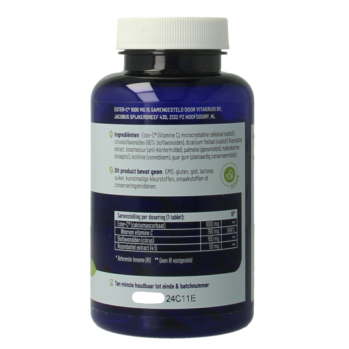 Vitakruid Ester-C Vitamin C 1000 with flavonoids and rosehip in 90 tablets, showing the supplement packaging and tablets.