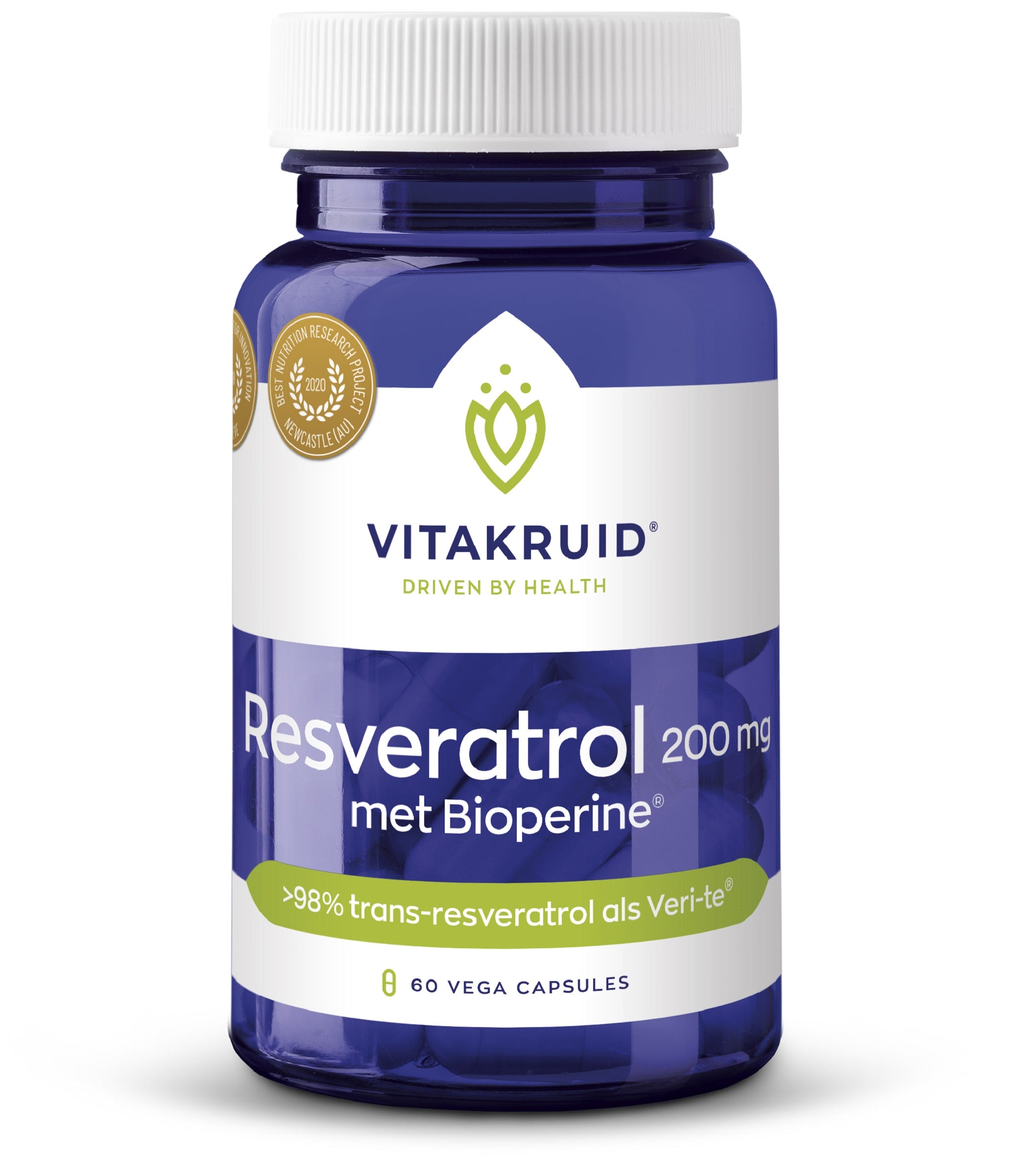 Vitakruid Resveratrol 200 mg capsules with Bioperine, vegetarian herbal supplement in a bottle with capsules visible inside.