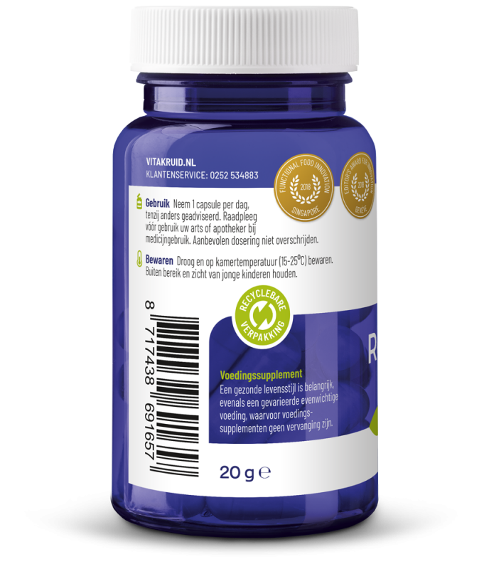 Vitakruid Resveratrol 200mg vegetarian capsules with Bioperine, herbal supplement in a white bottle.