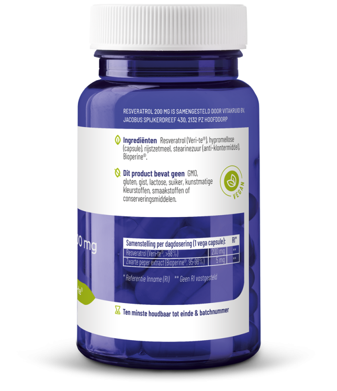 Vitakruid Resveratrol Veri-te 200 mg vegetarian capsules with Bioperine, herbal supplement for health and wellness.