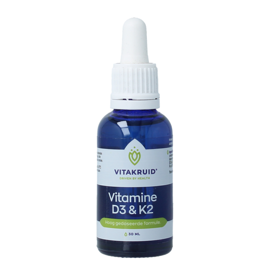 Bottle of Vitakruid Vitamin D3 & K2 liquid supplement with dropper, 30ml, featuring the product label and dropper in the image.