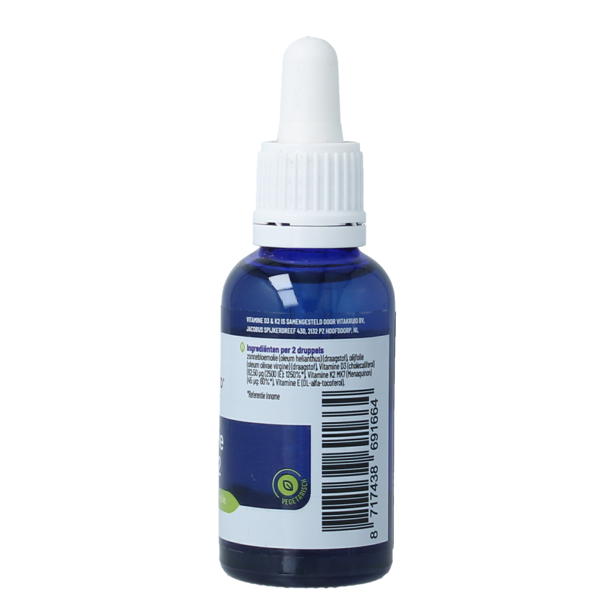 Bottle of Vitakruid Vitamin D3 & K2 drops with dropper, 30ml, featuring the product label and packaging details.