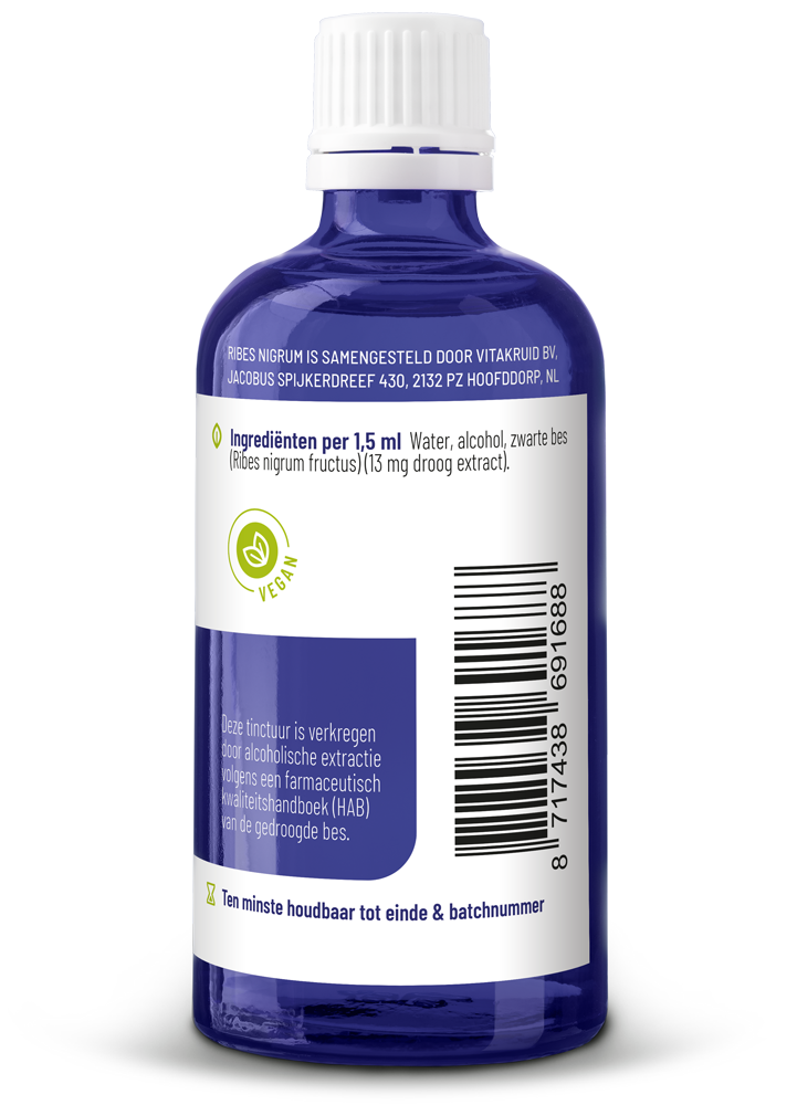 Bottle of Vitakruid Ribes Nigrum black currant tincture, herbal preparation in a 100ml bottle with a label featuring black currant imagery.