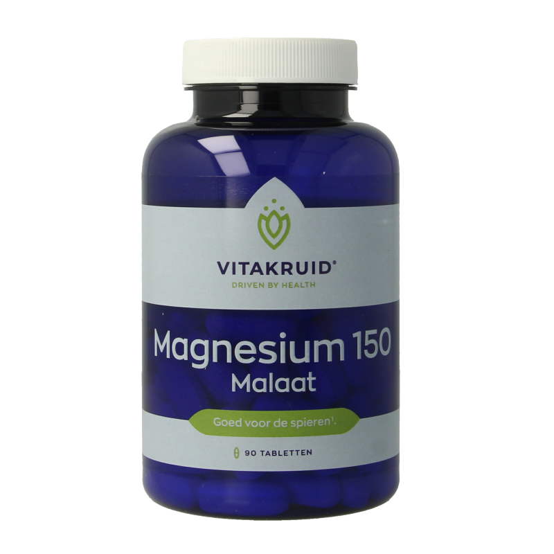 Bottle of Vitakruid Magnesium 150 Malaat with Vitamin B6 (P-5-P) dietary supplement tablets in a container.