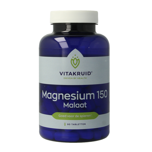 Bottle of Vitakruid Magnesium 150 Malaat with Vitamin B6 (P-5-P) dietary supplement tablets in a container.
