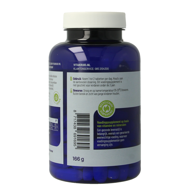 Vitakruid Magnesium 150 Malaat with Vitamin B6 tablets, mineral supplement, 90 count, close-up of the bottle and tablets
