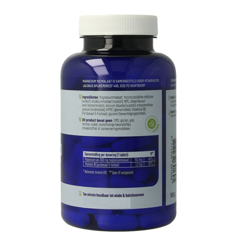 Bottle of Vitakruid Magnesium 150 Malaat with Vitamin B6 (P-5-P) tablets, showing the supplement packaging and tablets inside.