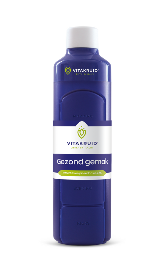 Vitakruid 375ml water bottle with built-in pill organizer, durable medicine storage container with secure lid.