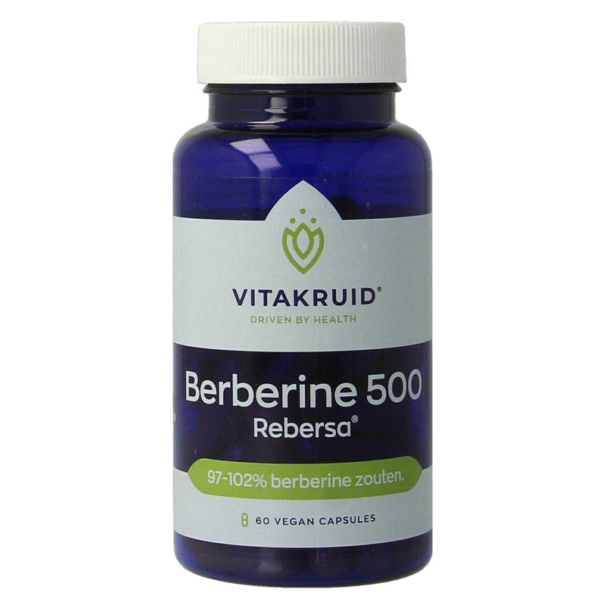 Vitakruid Berberine 500 capsules, vegetarian herbal supplement with berberine salts, shown in a bottle with capsules.