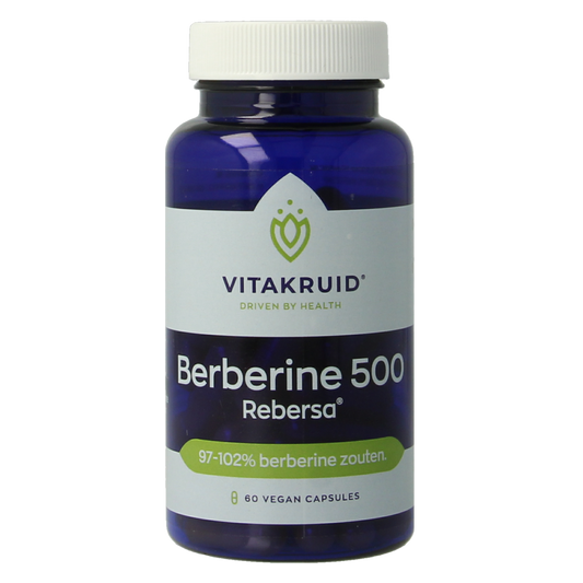 Vitakruid Berberine 500 capsules, vegetarian herbal supplement with berberine salts, shown in a bottle with capsules.