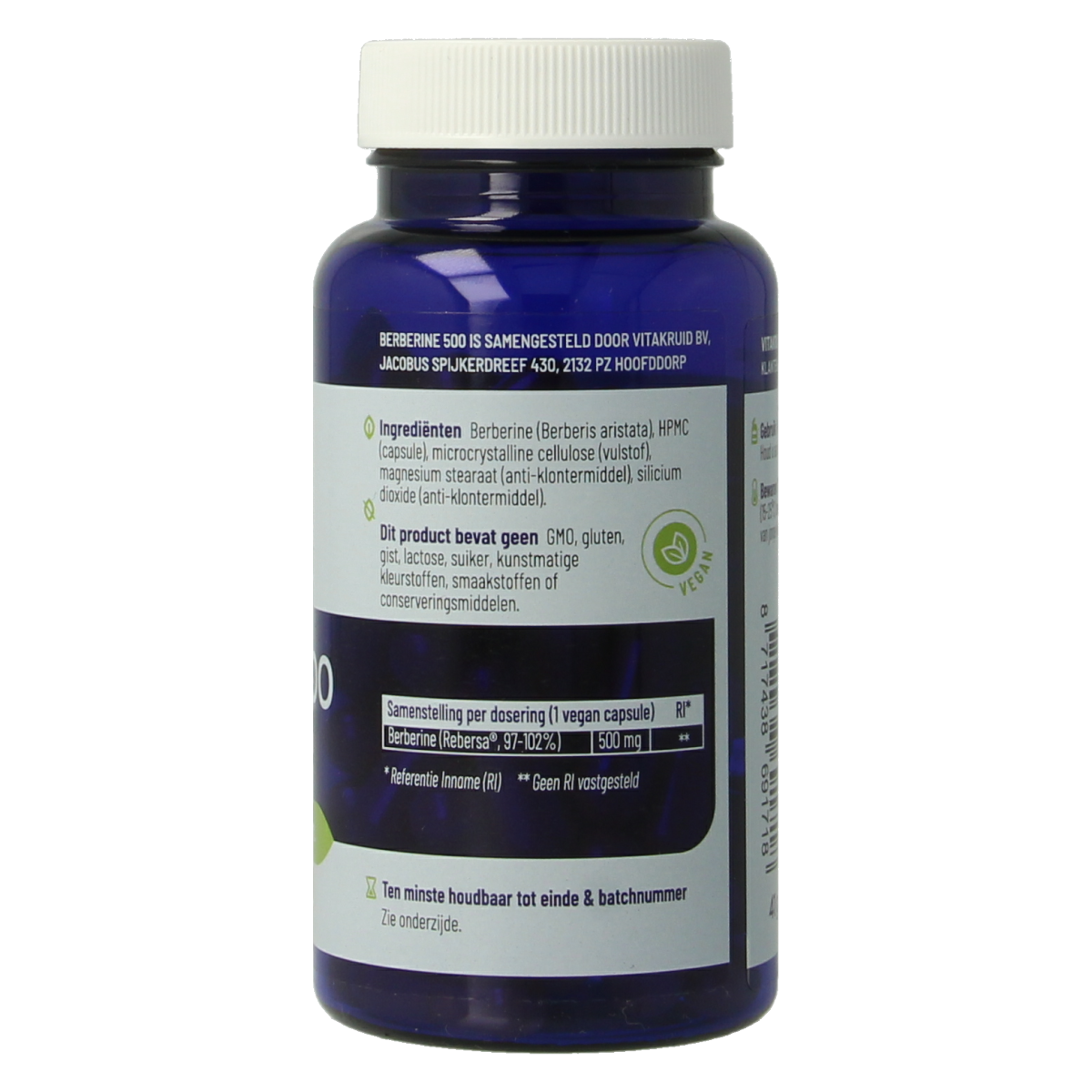 Vegetarische capsules van Vitakruid Berberine 500 Rebersa, kruidenpreparaat met berberine zouten, 60 capsules.