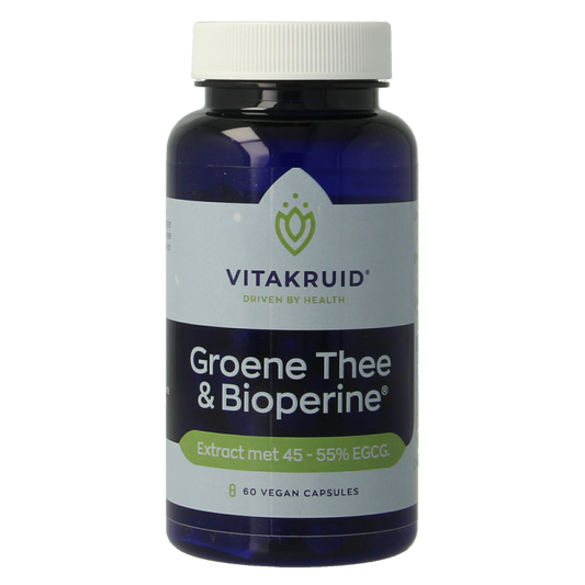 Vegetarian capsules of Vitakruid Green Tea & Bioperine supplement with high EGCG and catechines, natural herbal preparation.