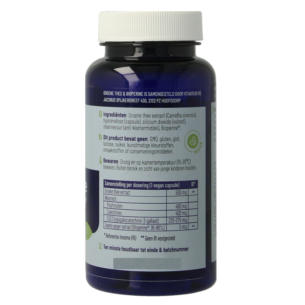 Vegetarische capsules van Vitakruid met groene thee en Bioperine, rijk aan EGCG en catechines voor gezondheidsondersteuning.