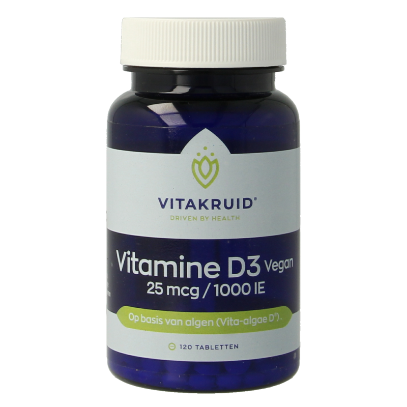 VitaKruid vegan Vitamin D3 25 mcg (1000 IU) supplement in a bottle of 120 tablets, showing the tablets and product label.