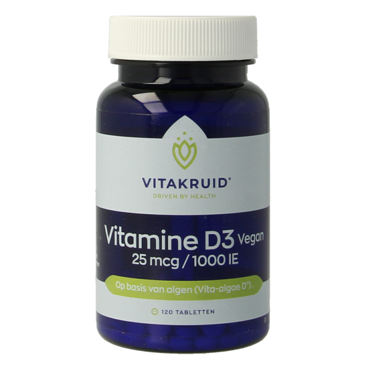 VitaKruid vegan Vitamin D3 25 mcg (1000 IU) supplement in a bottle of 120 tablets, showing the tablets and product label.