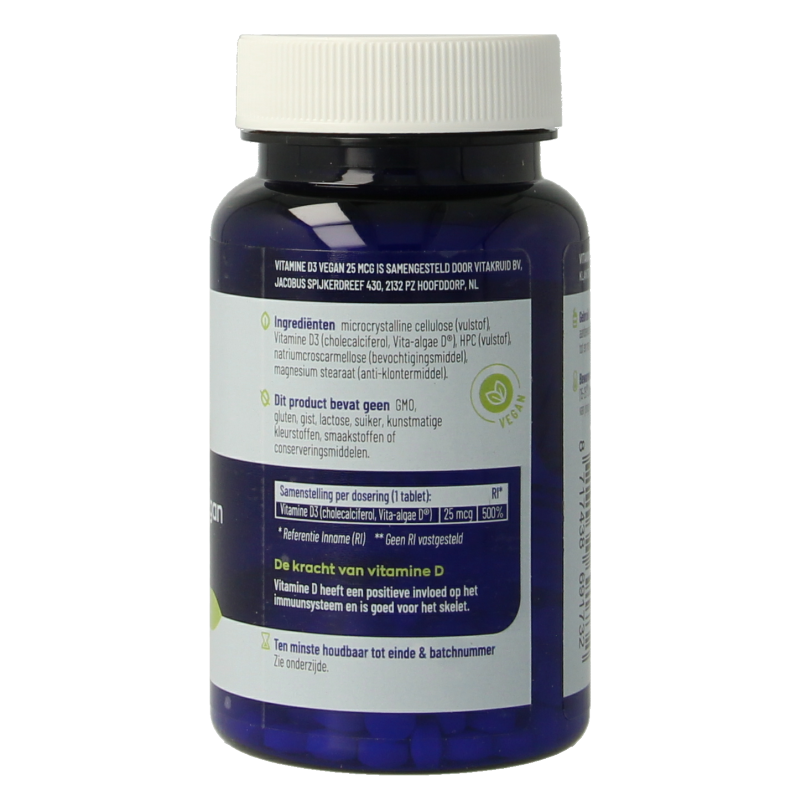 Vitakruid Vegan Vitamin D3 25 mcg (1000 IE) in a bottle of 120 tablets, showing the supplement tablets and bottle label.