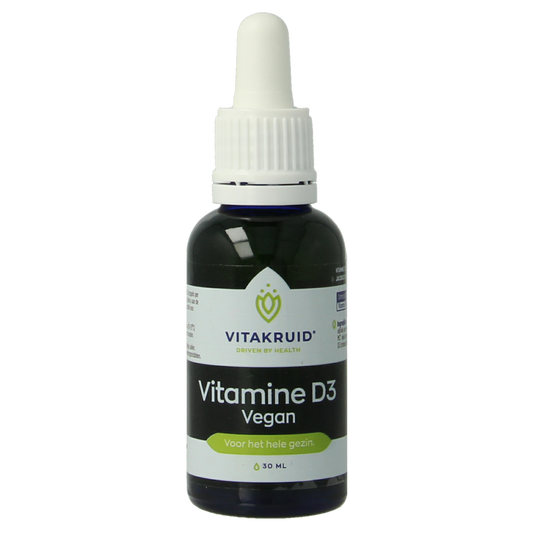 Bottle of Vitakruid Vitashine Vegan Vitamin D3 drops in a 30ml container, showing the product label and dropper cap.