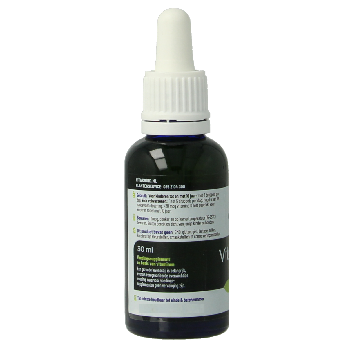 Vitakruid Vitamine D3 Vegan Vitashine bottle with dropper, 30ml, showing the label and product packaging.