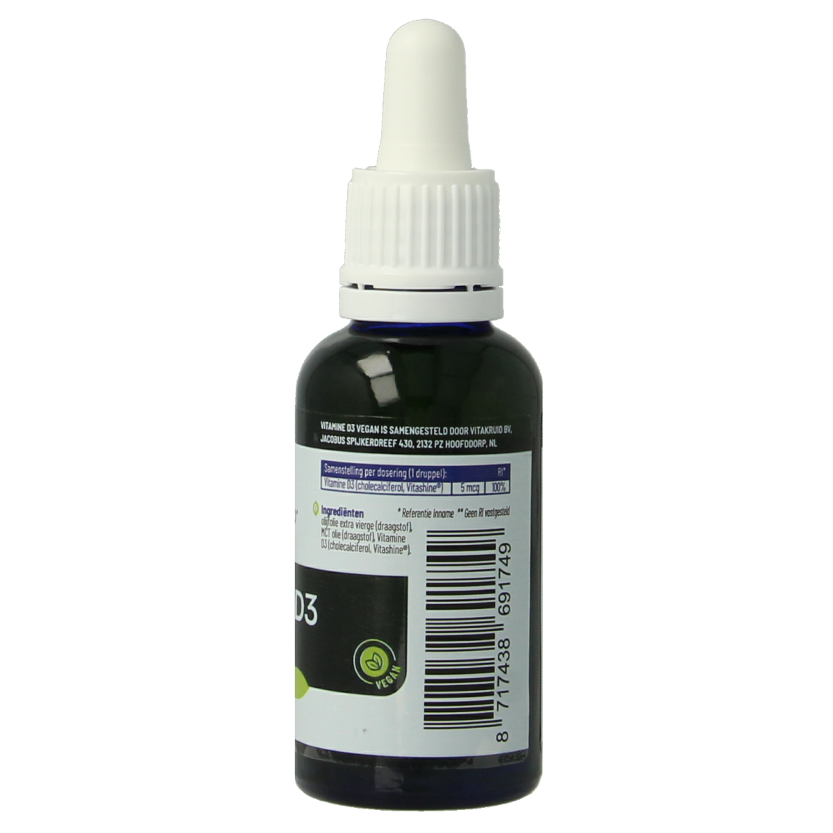 VitaKruid Vitashine Vegan Vitamin D3 drop bottle with 30ml container and dropper for easy supplement intake