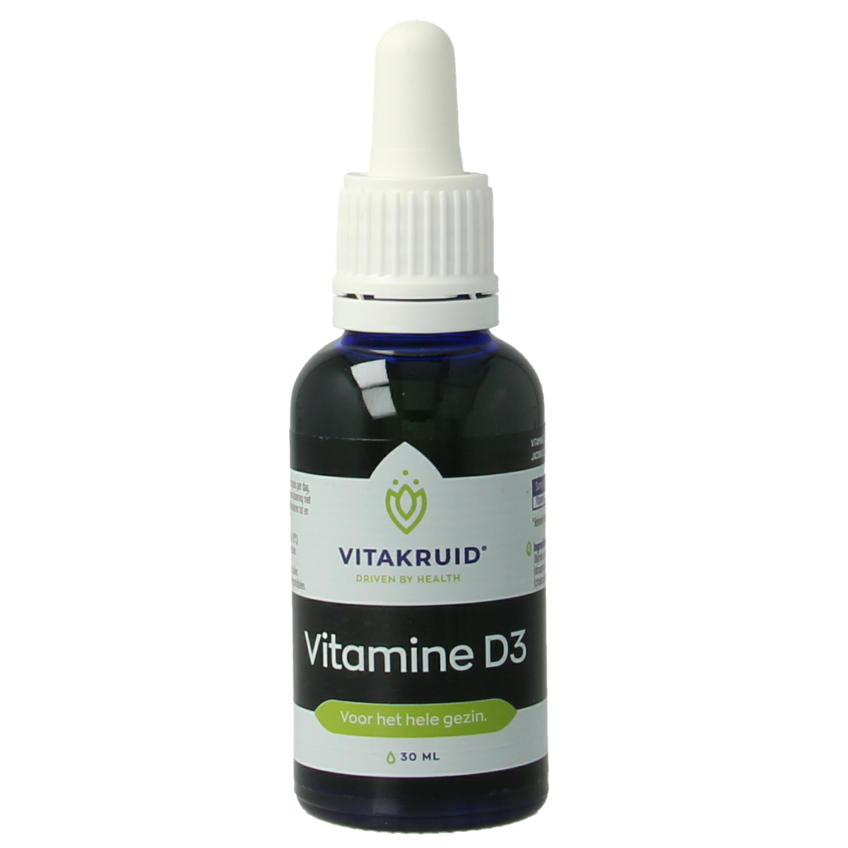 Vitakruid Vitamine D3 druppels bottle showing label and dropper, 30ml with 5 mcg (200 IU) per drop, for daily vitamin D supplement.