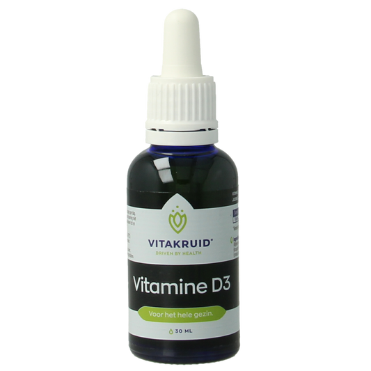 Vitakruid Vitamine D3 druppels bottle showing label and dropper, 30ml with 5 mcg (200 IU) per drop, for daily vitamin D supplement.