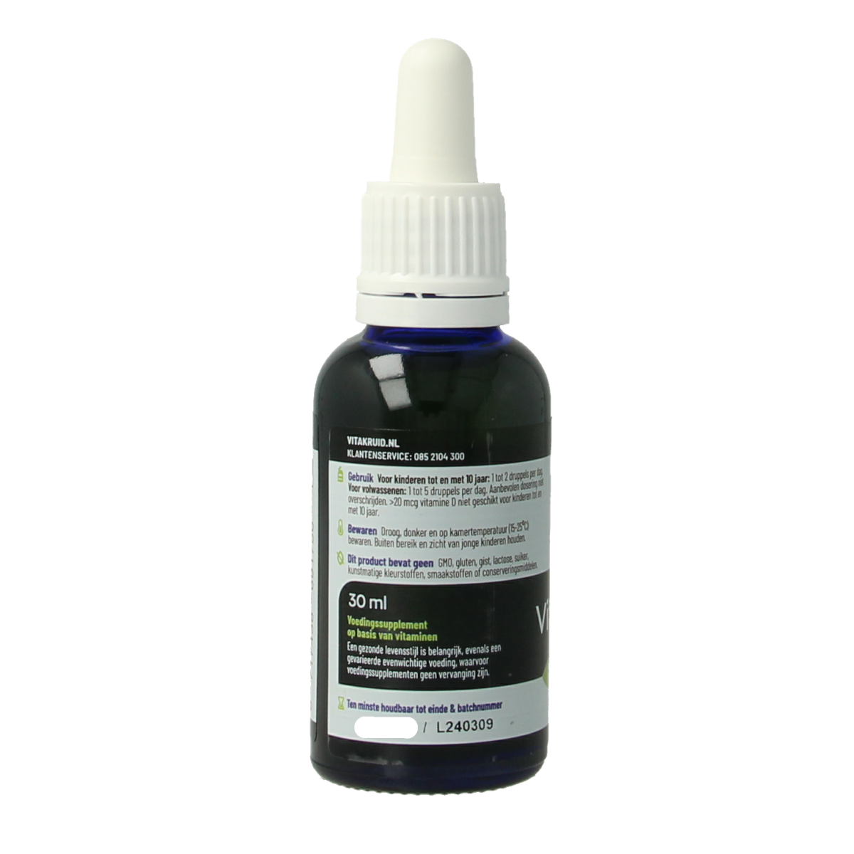Vitakruid vitamine D3 druppels in 30ml bottle, showing dropper with clear liquid, designed for easy supplementation.
