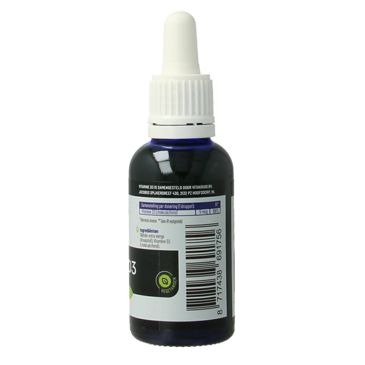 Vitakruid Vitamin D3 drops in 30ml bottle, showing a clear dropper with liquid, labeled with dosage and brand name.