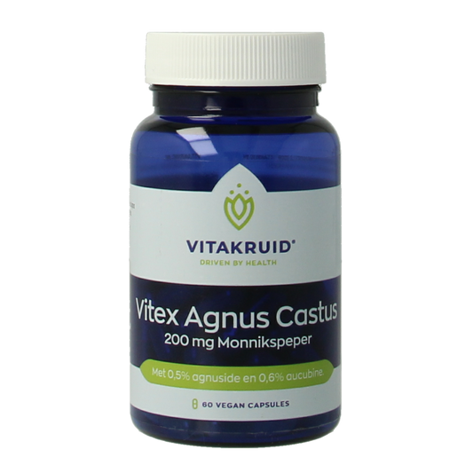 Vegetarian capsules of Vitakruid Vitex agnus castus 200mg herbal supplement in a blister pack, natural herbal remedy for hormonal balance