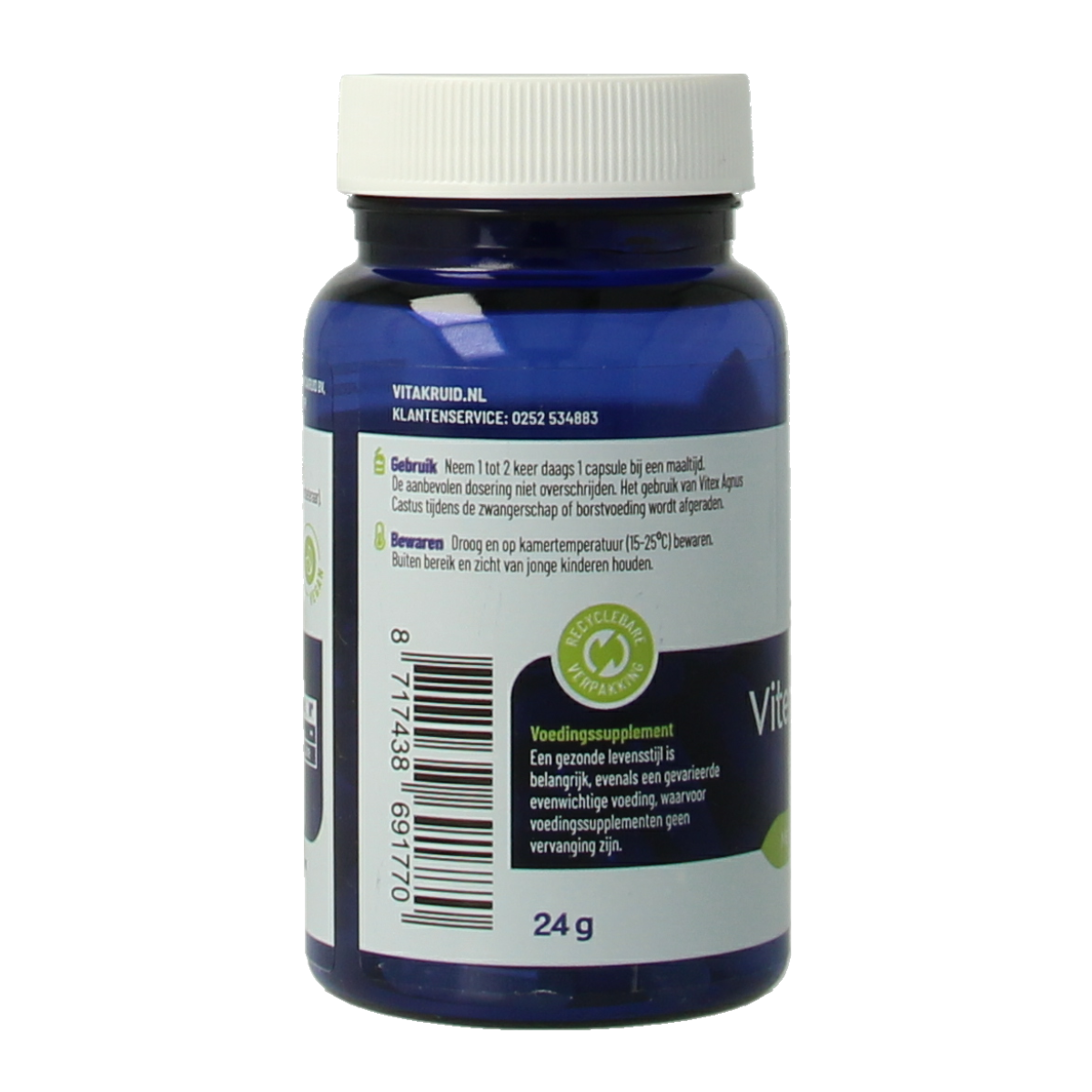 Vegetarian capsules of Vitakruid Vitex agnus castus 200mg herbal supplement, displayed in a clear container.