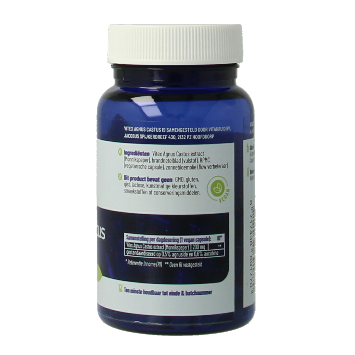 Vegetarische capsules van Vitakruid Vitex agnus castus (monnikspeper) 200mg, kruidenpreparaat, 60 capsules op witte achtergrond.