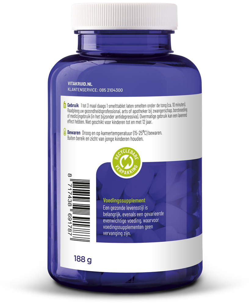 Vitakruid GABA Plus amino acid supplement in a container of 180 meltable tablets, natural supplement for relaxation and stress support.
