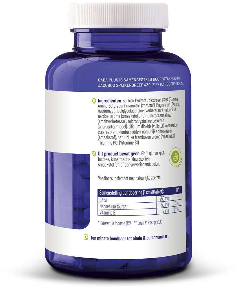 Vitakruid GABA Plus amino acid tablets, 180 smelttabletten, showing the supplement packaging and tablets in the image.