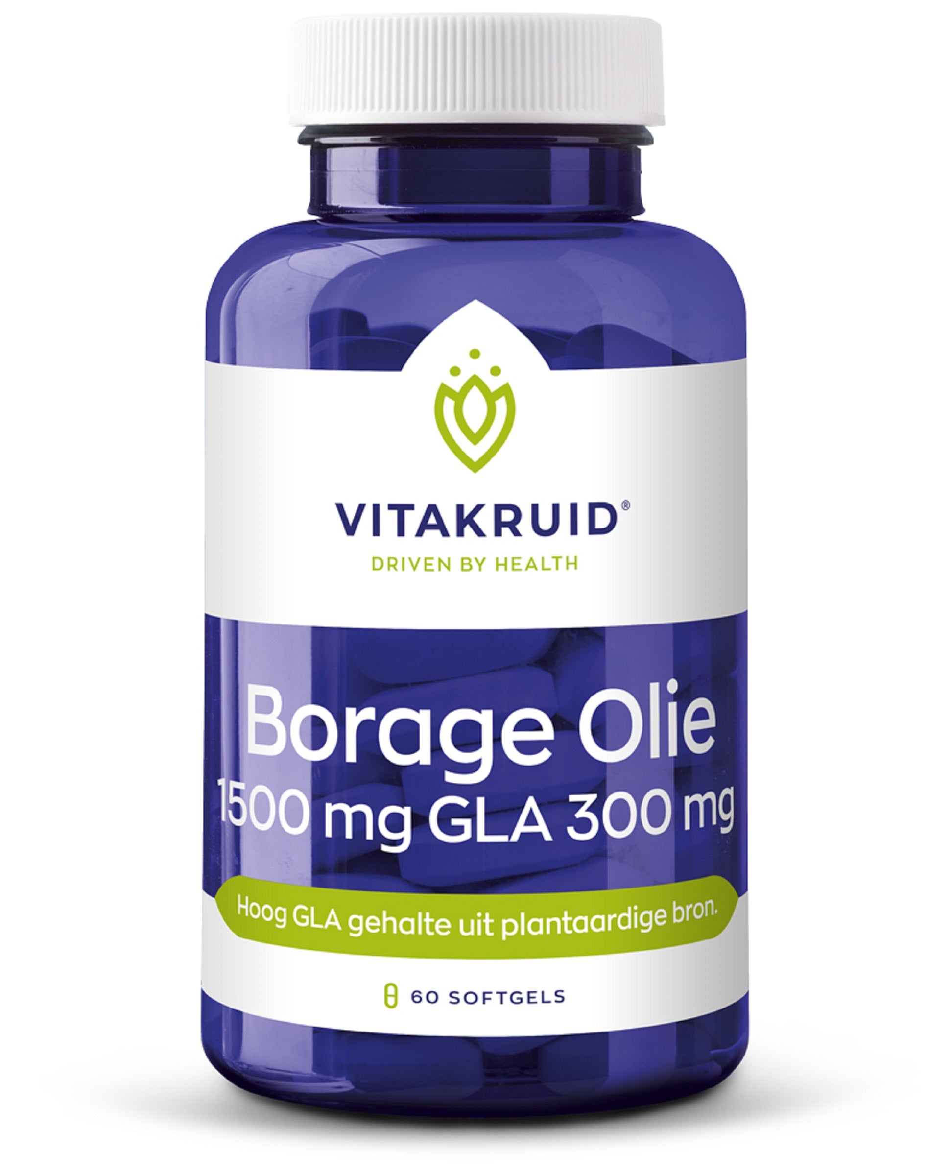 Vitakruid Borage Oil softgels with 1500mg GLA from plant source, 60 softgels in a herbal supplement container.
